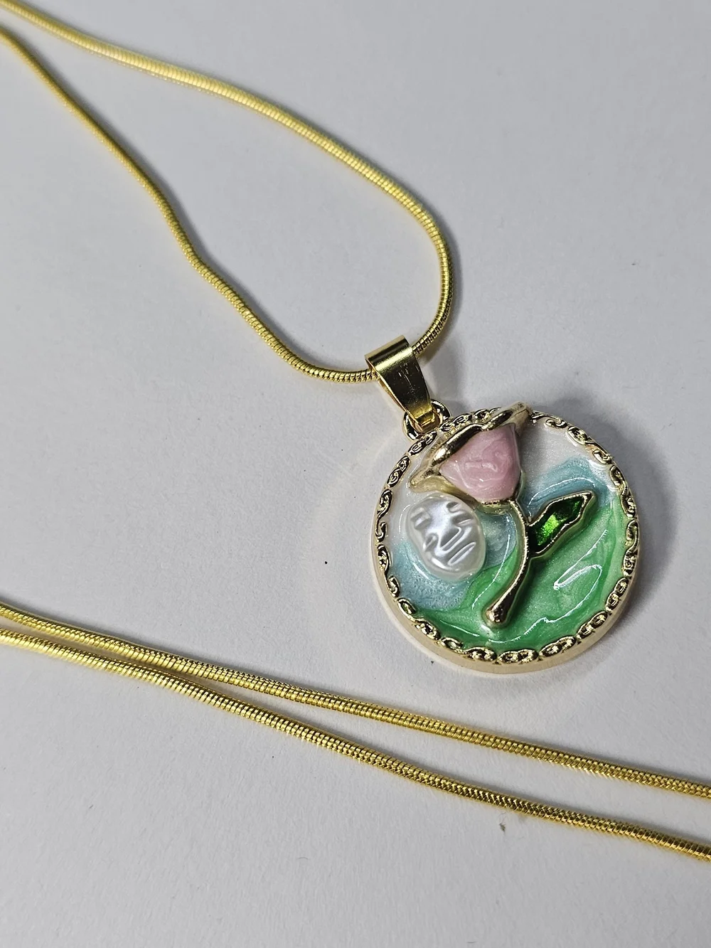 Gold Pendant Necklace with Pink Rose Enamel Accent - Picture 2 of 3